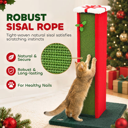 Cat Scratching Post for Indoor Cats, 81cm Tall Cat Scratcher with Sisal Rope, Hanging Bell Toy, Stable Base, Green & Red