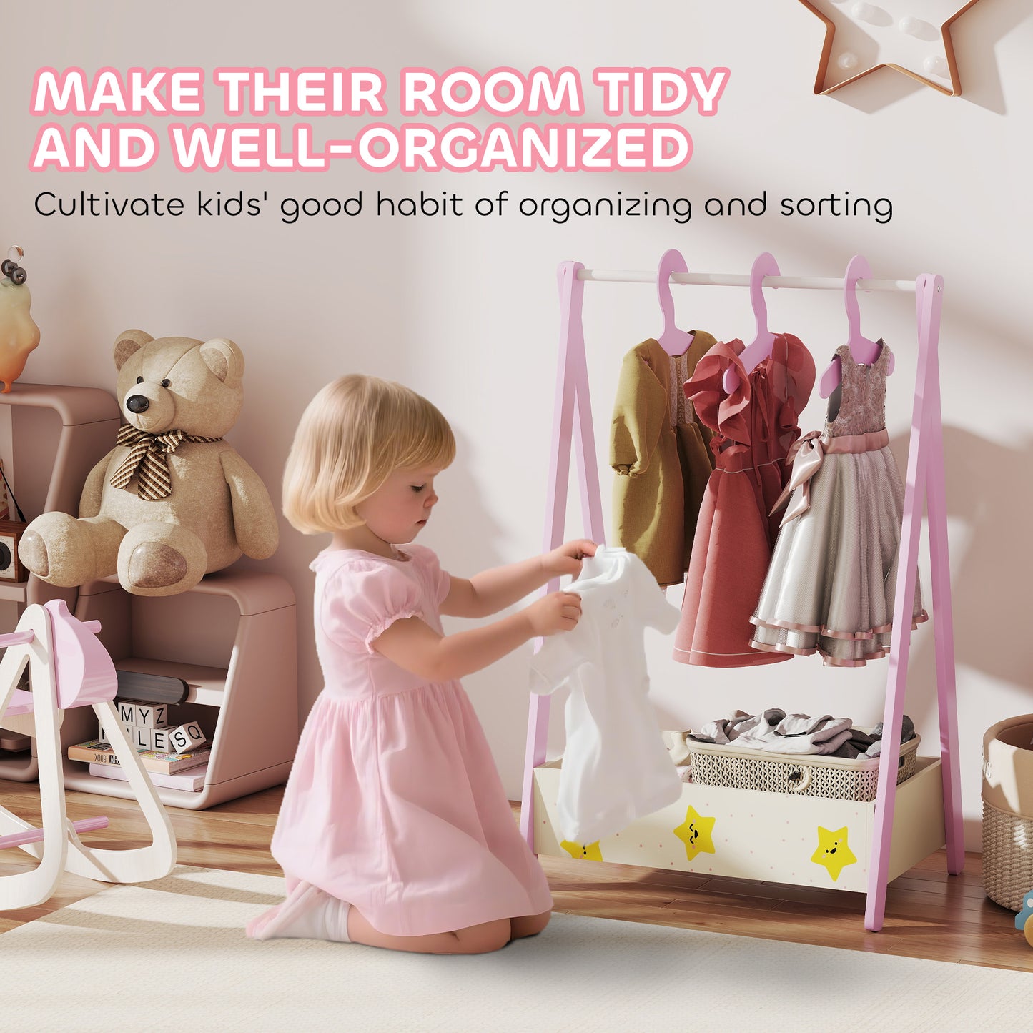 Baby Clothing Rack with Hangers, Storage Shelf for Bedroom, Star Theme, for Ages 3-6, Pink