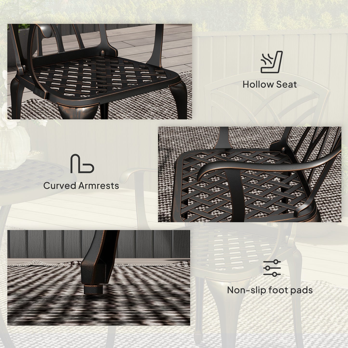 3 Pieces Garden Dining Set for 2, Cast Aluminium Outdoor Dining Set with 2 Armchairs and Round Dining Table with Parasol Hole