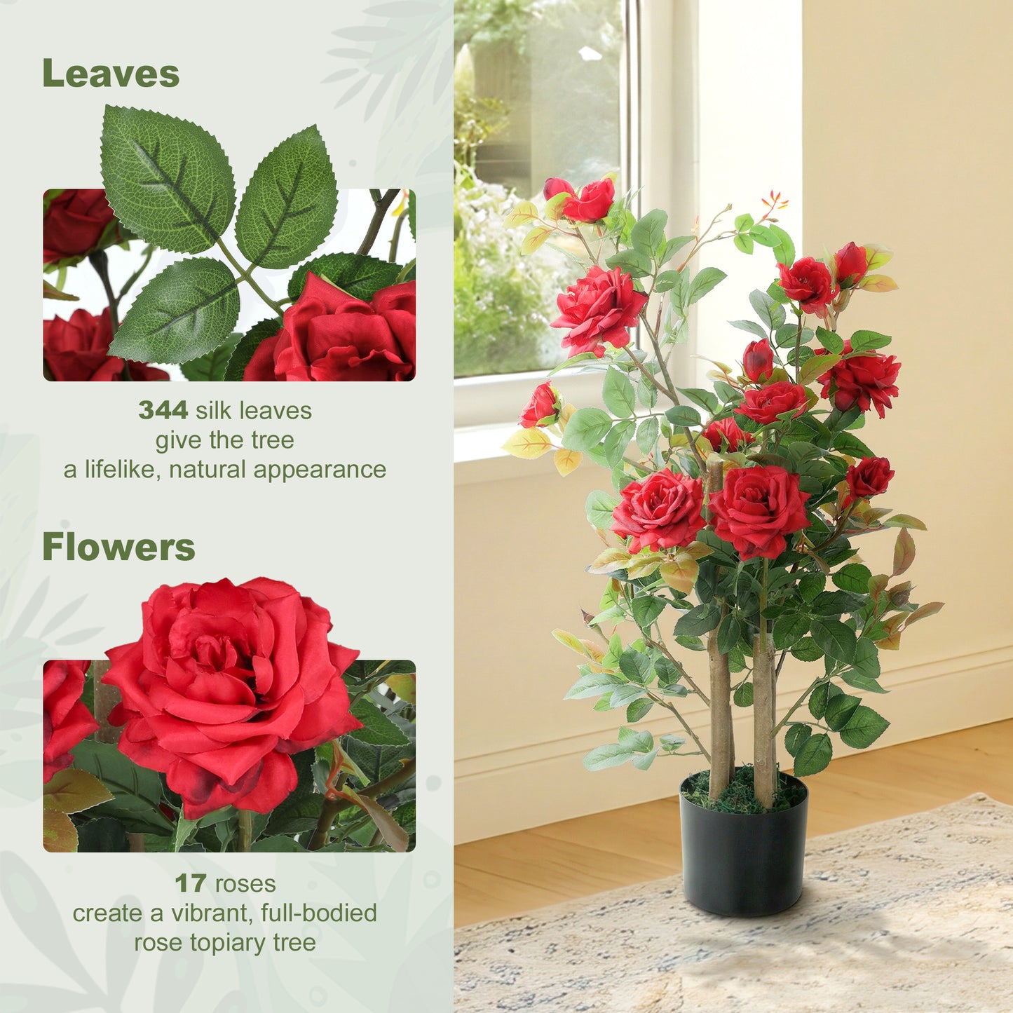 90cm Artificial Rose Tree Set of 2, Decorative Fake Plant with 344 Silk Leaves 17 Flowers for Outdoor Indoor Decor, Red