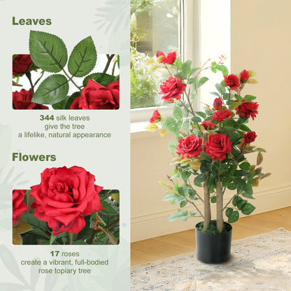 90cm Artificial Rose Tree Set of 2, Decorative Fake Plant with 344 Silk Leaves 17 Flowers for Outdoor Indoor Decor, Red