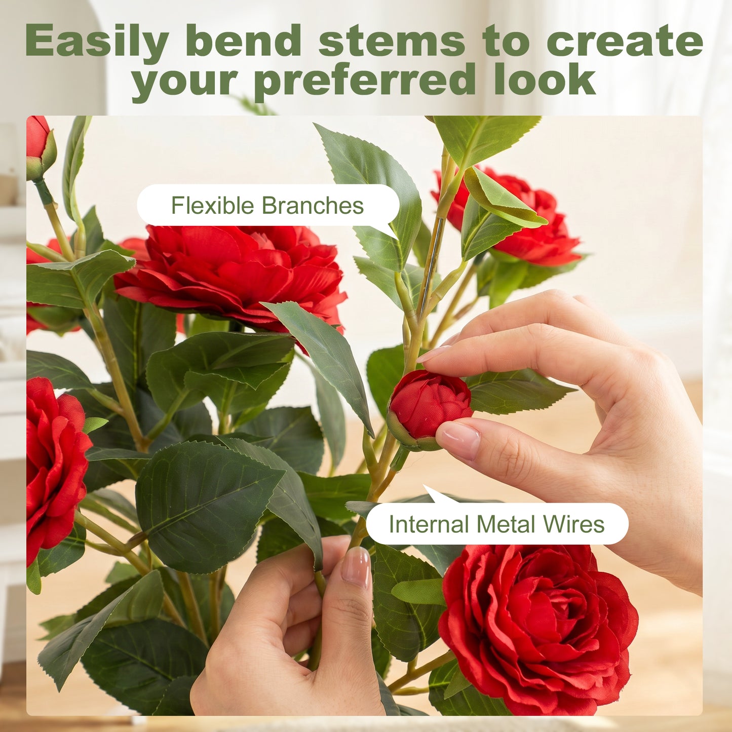 65cm Artificial Camellia Flower Plant in Pot with 116 Lush Leaves & Moss Effect, Red