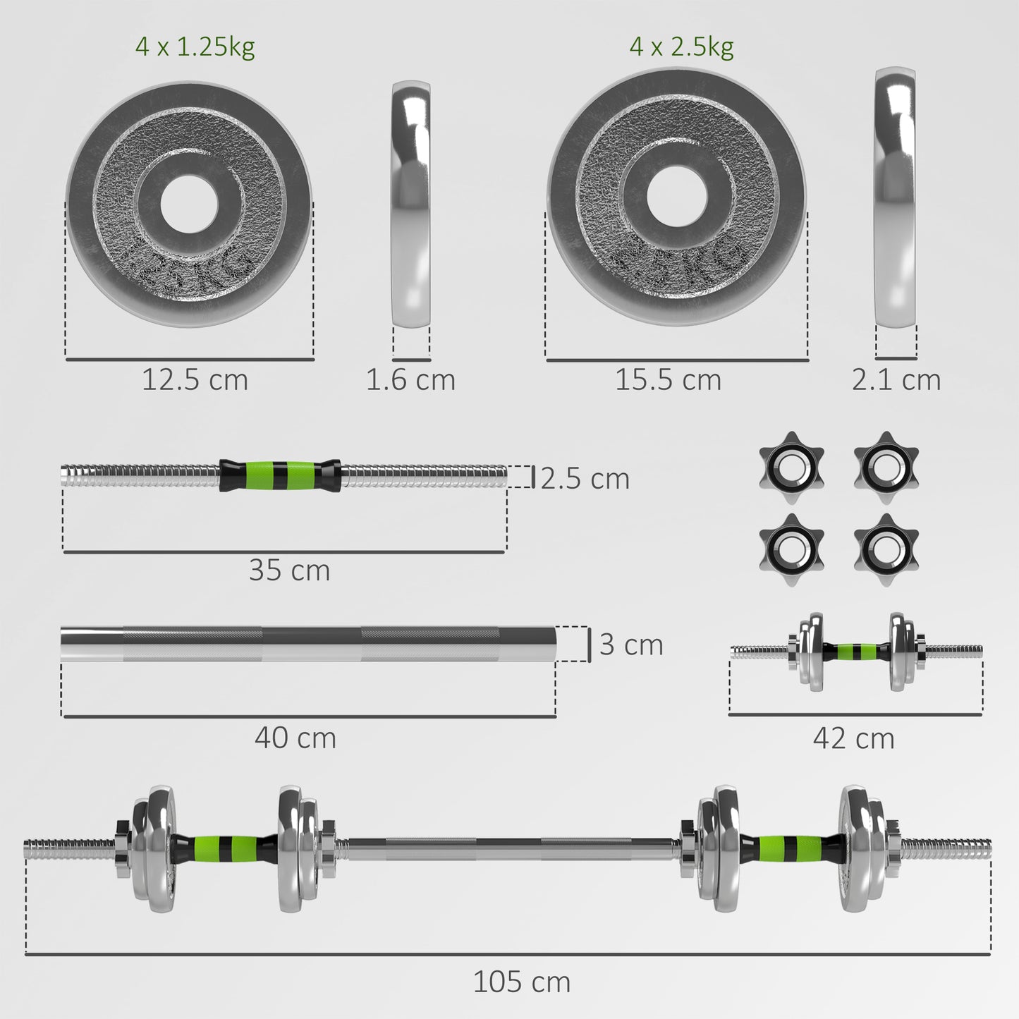 20kg 2-in-1 Barbell and Dumbbell Set, with Non-Slip Handle, for Weight Lifting, Training Home Gym