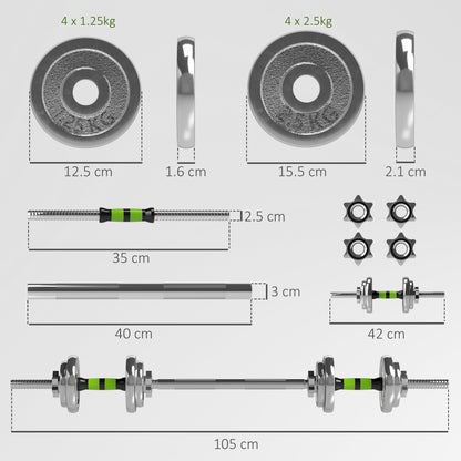 20kg 2-in-1 Barbell and Dumbbell Set, with Non-Slip Handle, for Weight Lifting, Training Home Gym