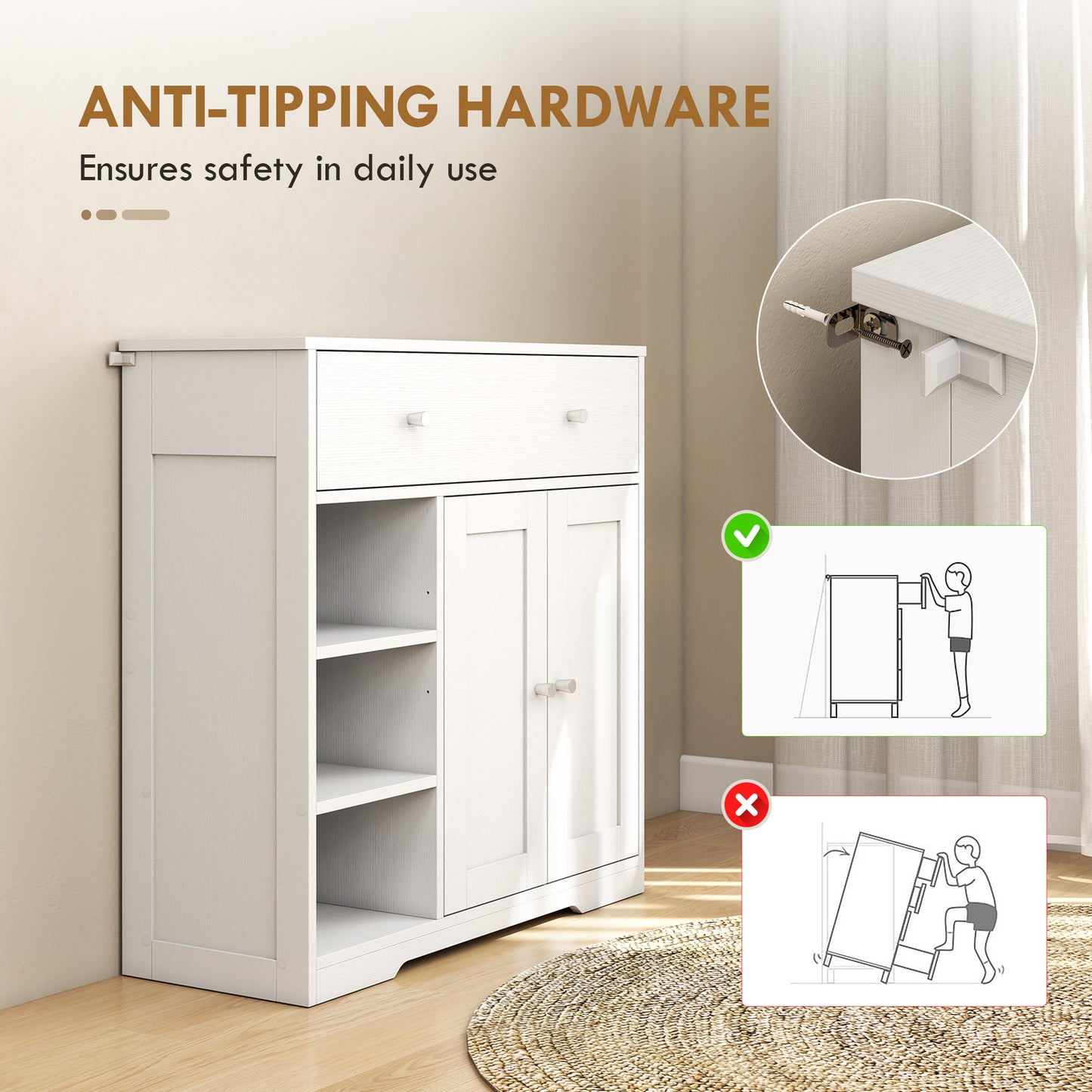 Bathroom Floor Cabinet, Freestanding Bathroom Cabinet with Drawer, Door, Open Shelves, White