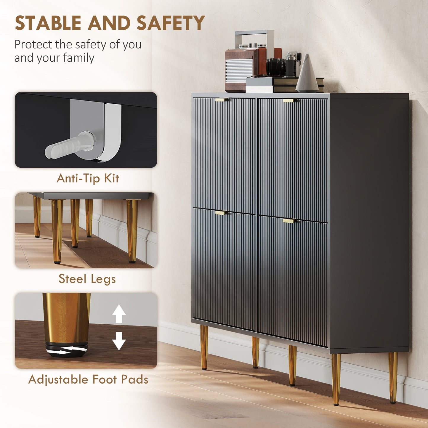 Elegant Four-Drawer Shoe Cabinet - Black