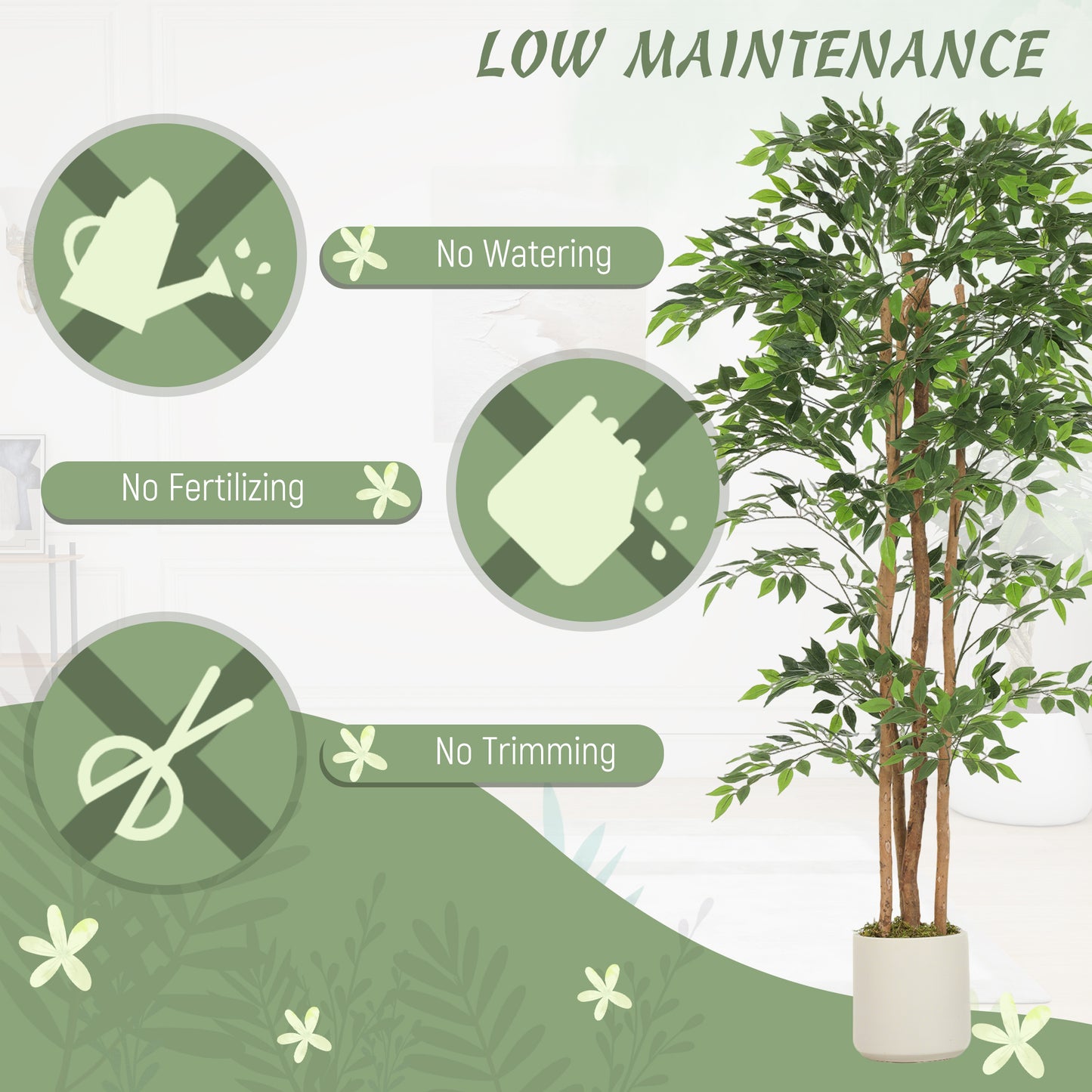180cm Artificial Ficus Tree, Fake Potted Tree with Solid Wood Trunk and Pot for Indoor, Green