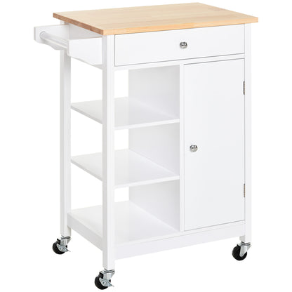 Kitchen Trolley, Kitchen Island on Wheels, w/ Wood Top, 3 Shelves and Storage Cupboard, White