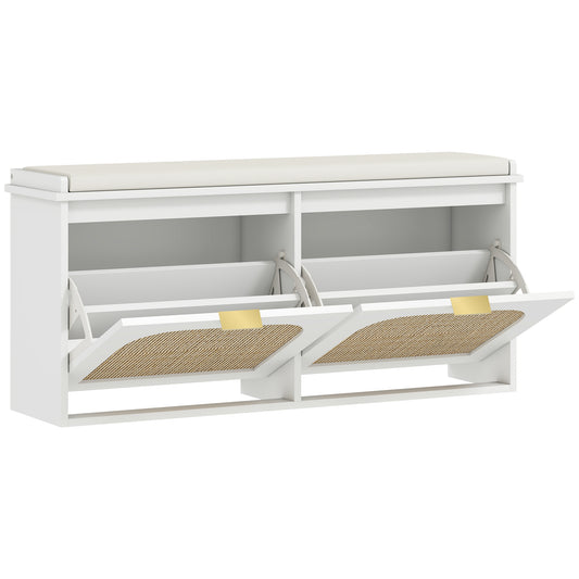 Boho Shoe Bench with Padded Seat and 2 Flip-Drawers - White