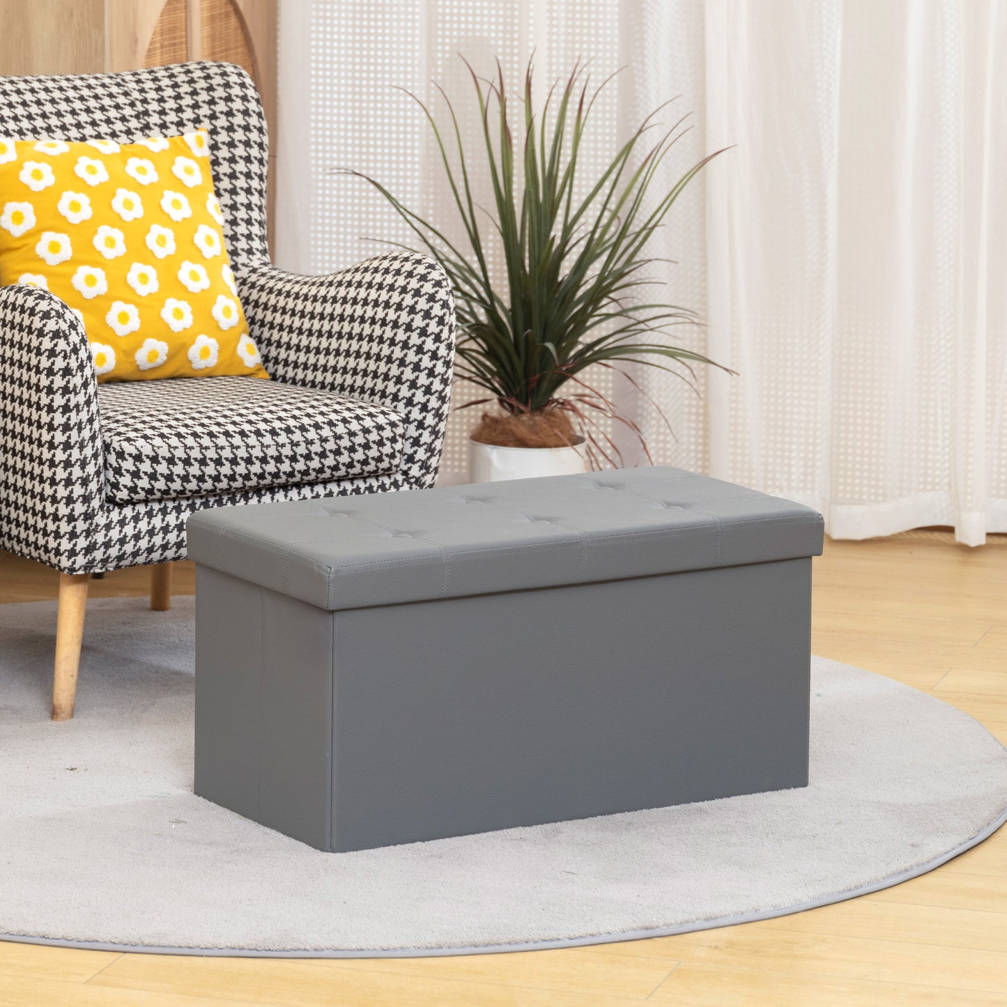 Storage Ottoman Bench, 89L PU Leather Folding Foot Rest Stool, End of Bed Bench, Easy Assembly, for Living Room, Bedroom