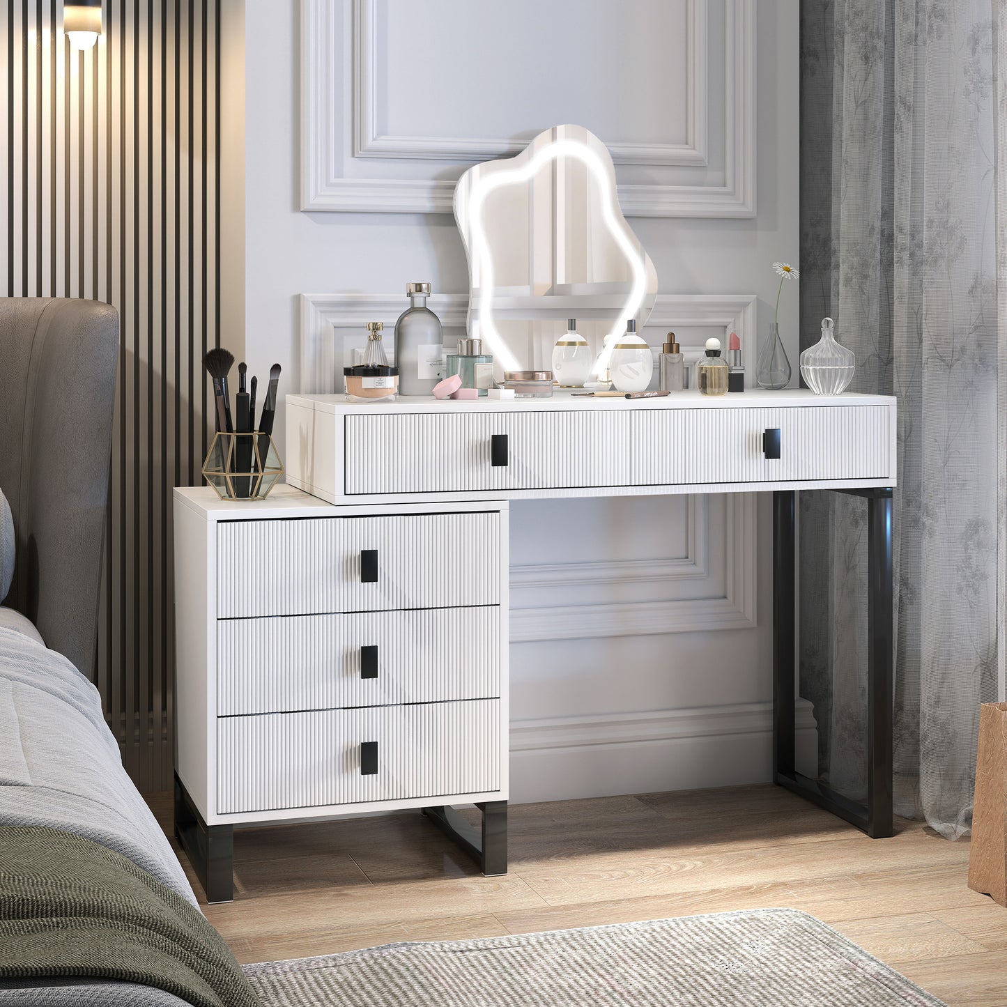 Dressing Table, Vanity Desk with Leaf Shape Mirror, Makeup Table with 5 Drawers, 3-Colour LED Lights, 100x40cm Tabletop
