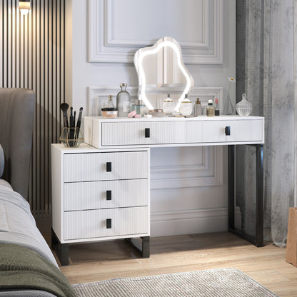 Dressing Table, Vanity Desk with Leaf Shape Mirror, Makeup Table with 5 Drawers, 3-Colour LED Lights, 100x40cm Tabletop