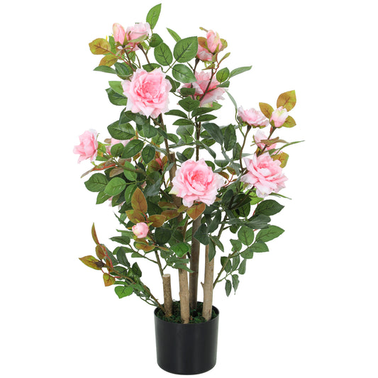 90cm Artificial Rose Tree, Decorative Fake Plant with 344 Silk Leaves 17 Flowers for Outdoor Indoor Decor, Pink