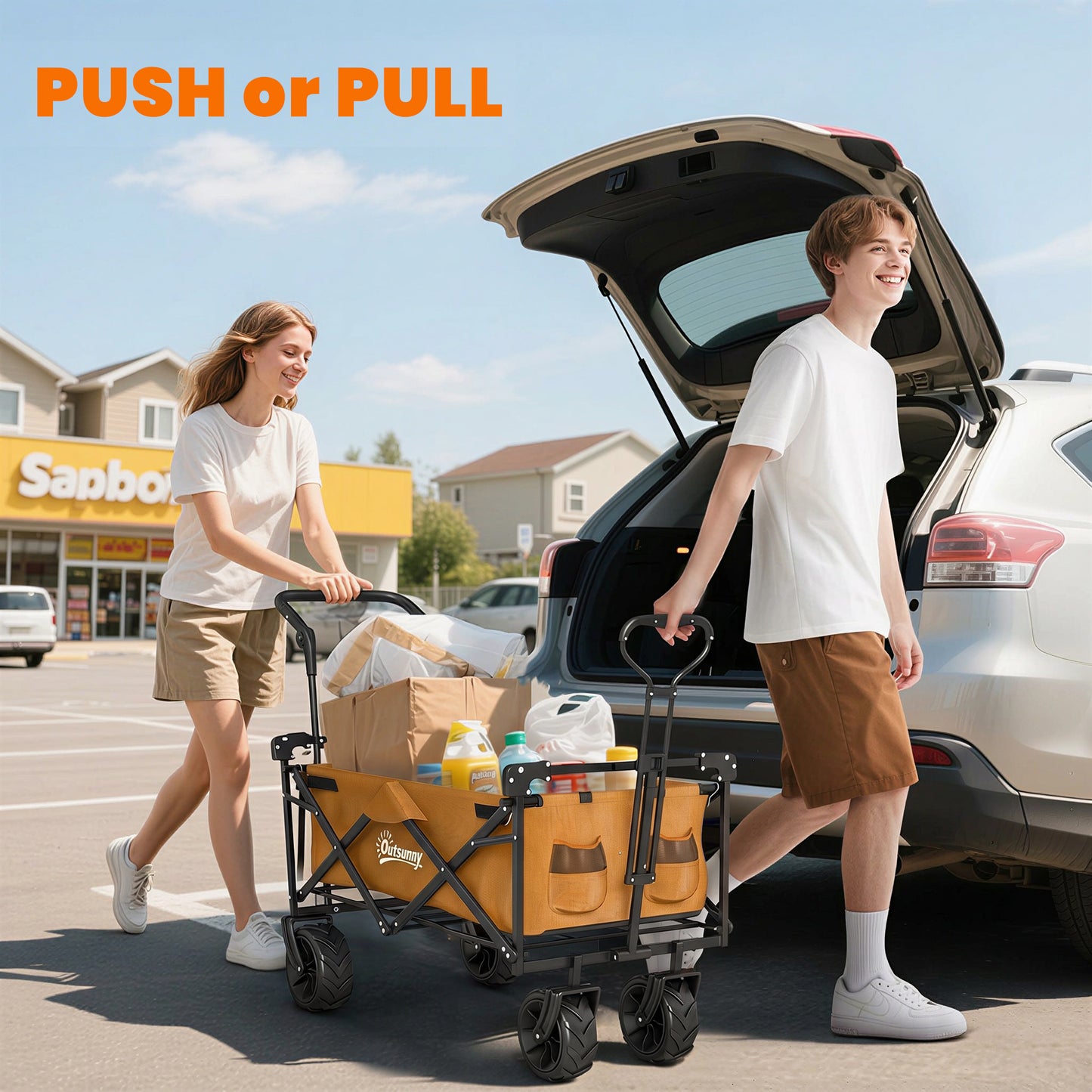 180L Festival Trolley on Wheels, Push & Pull Beach Cart with Removable Canopy, Wide All-Terrain Wheels