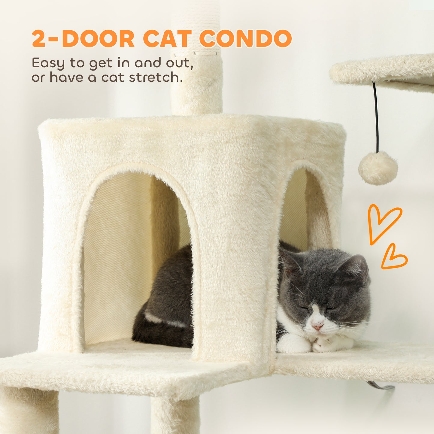 202cm Cat Tree with 6 Scratching Posts, 2 Hammocks, 2 Condos, 2 Perches, Pompoms, for Cats to Rest and Play, Beige