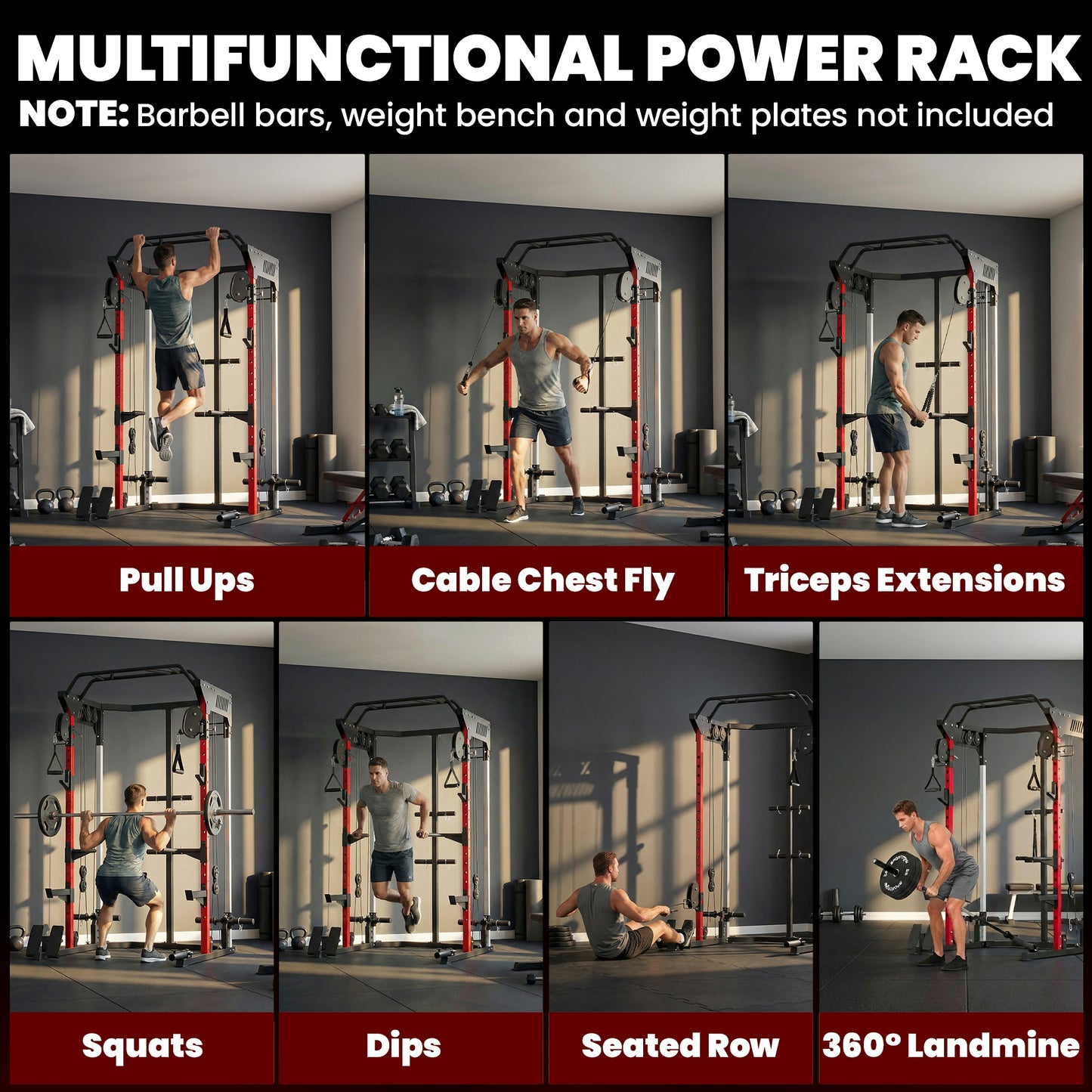 Power Cage, Power Rack with Adjustable Cable Pulley System, Pull-Up Bar, Dip Station, Landmine