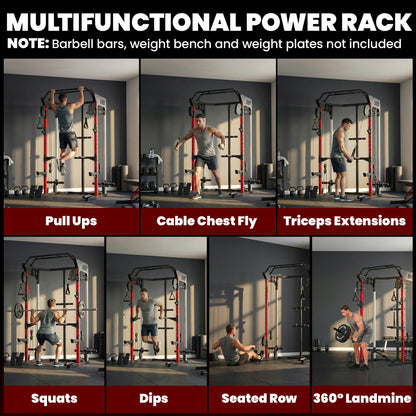 Power Cage, Power Rack with Adjustable Cable Pulley System, Pull-Up Bar, Dip Station, Landmine