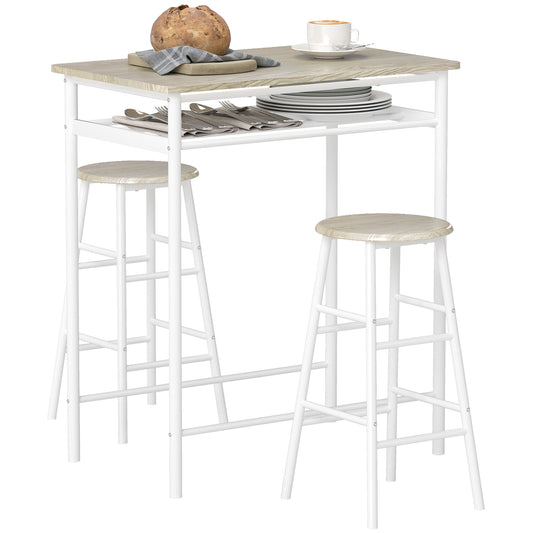 Bar Table Set, Bar Table and Stools Set, Footrest and Storage Shelf, for Kitchen, Dining Room, Pub, Cafe, White and Oak
