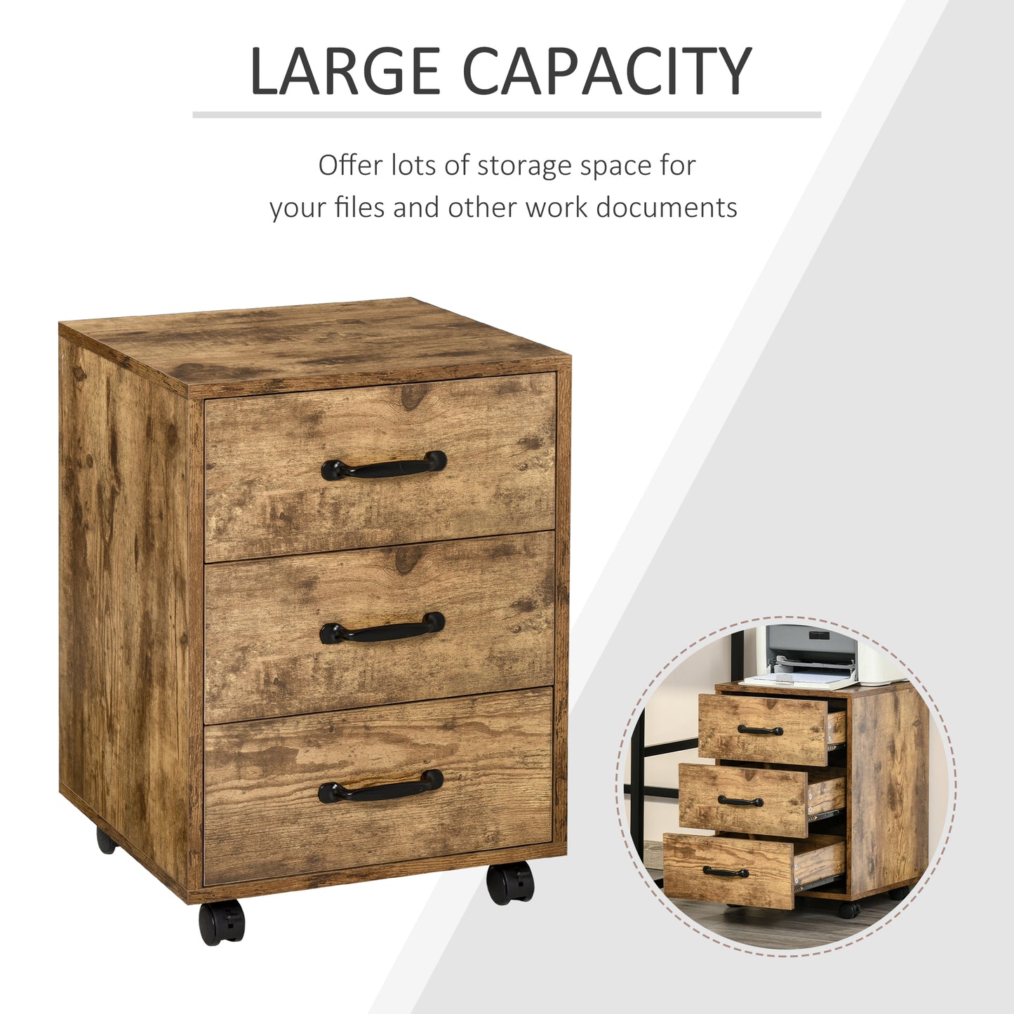 3 Drawer File Cabinet, Mobile Filing Cabinet on Wheels for Home Office, Study, Rustic Brown
