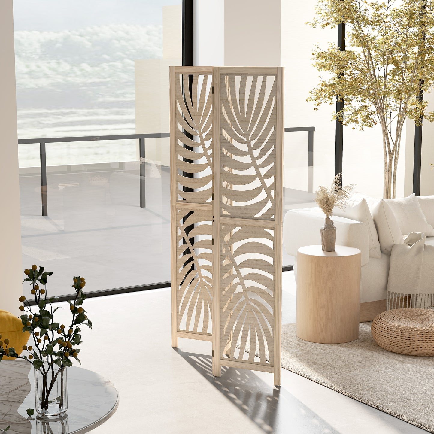 3 Panel Room Divider, Detachable Folding Privacy Screens with Palm Leaf Design for Home Office, Natural Wood Finish