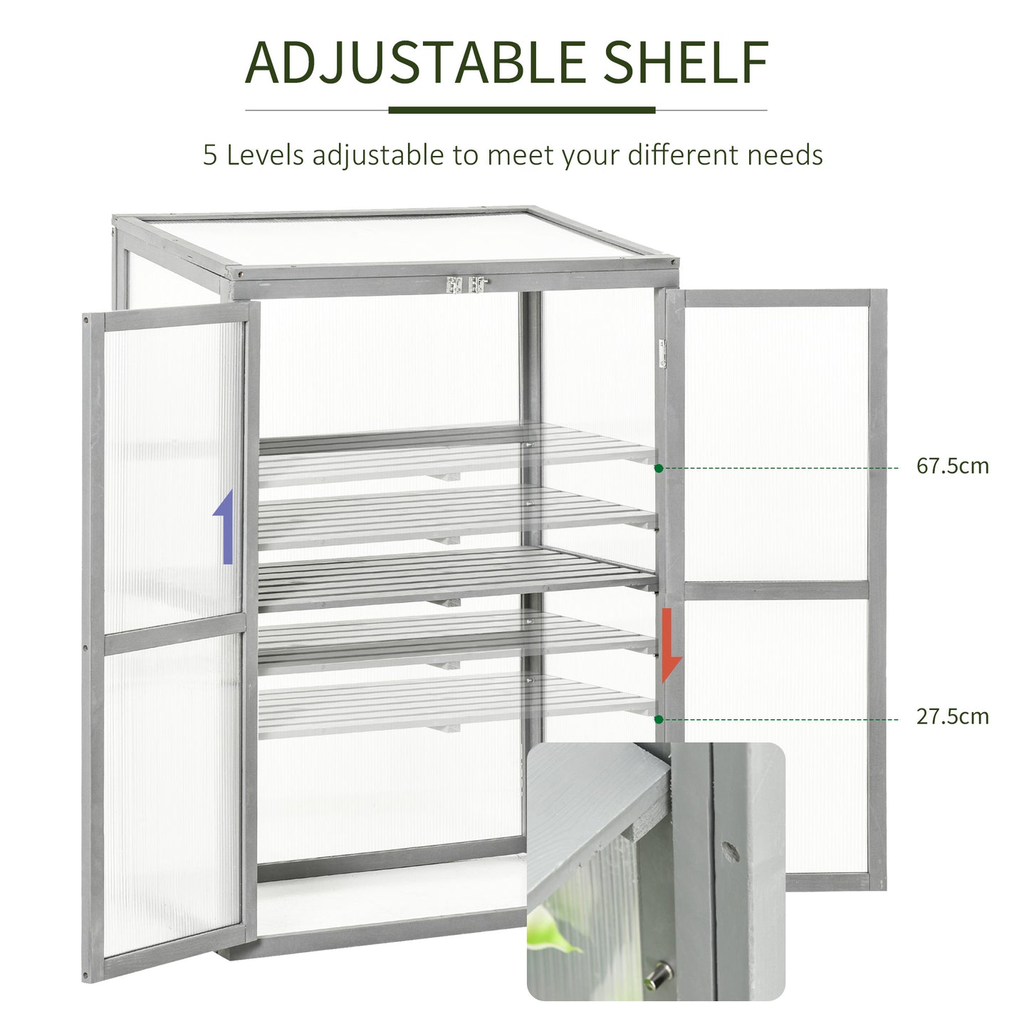 Wooden Cold Frame Greenhouse Polycarbonate Garden Grow House for Flower Vegetable Plants with Adjustable Shelf, Double Doors