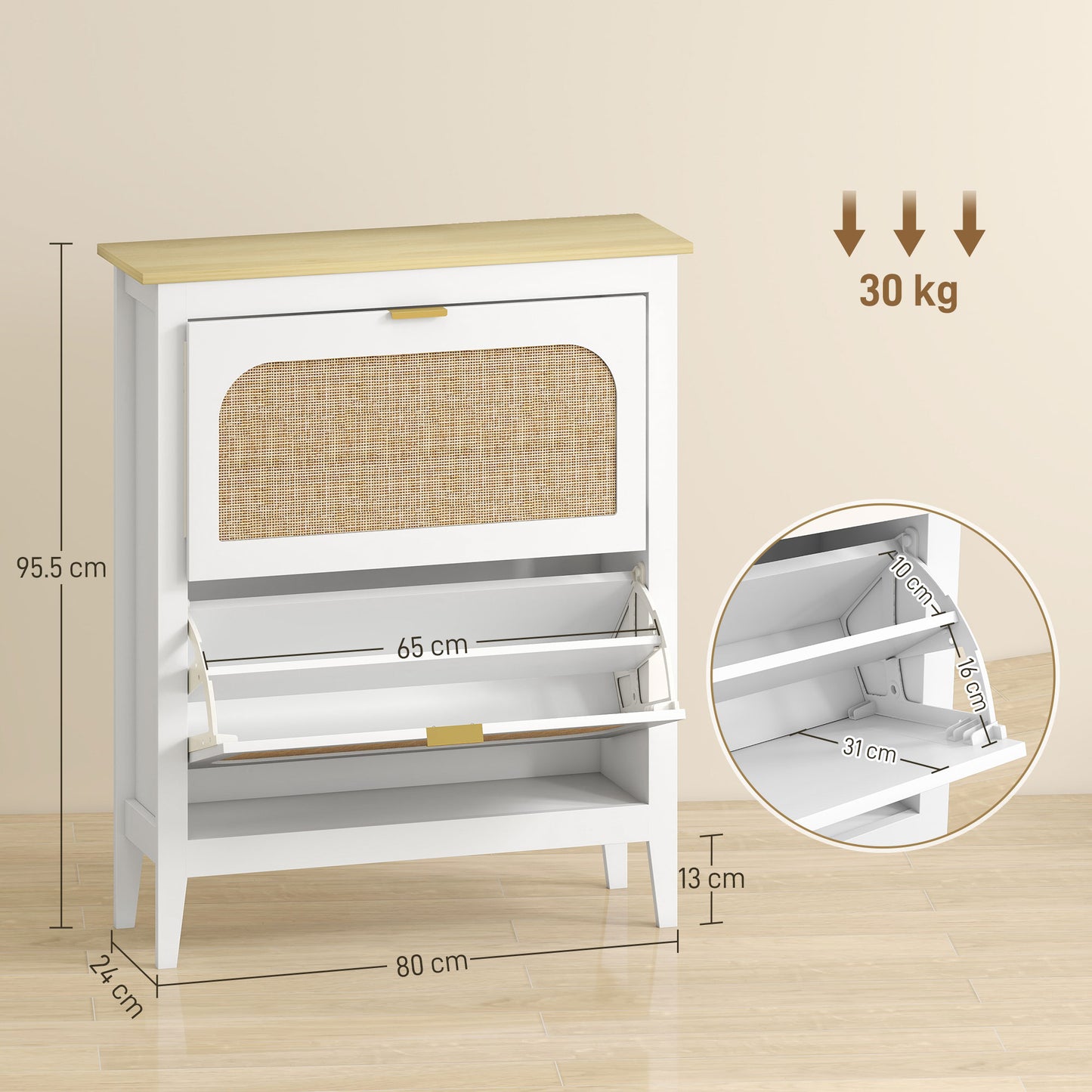 Narrow Shoe Cabinet, Boho Slim Shoe Storage Cabinet with 2 Flip Drawers, Holds 14 Pairs, White