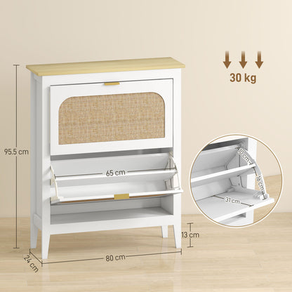Narrow Shoe Cabinet, Boho Slim Shoe Storage Cabinet with 2 Flip Drawers, Holds 14 Pairs, White