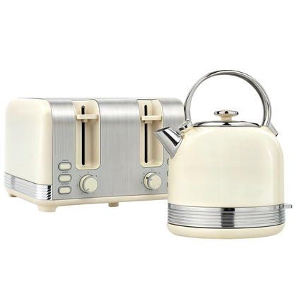 Polished Stainless Steel Kettle and Toaster Set - Cream