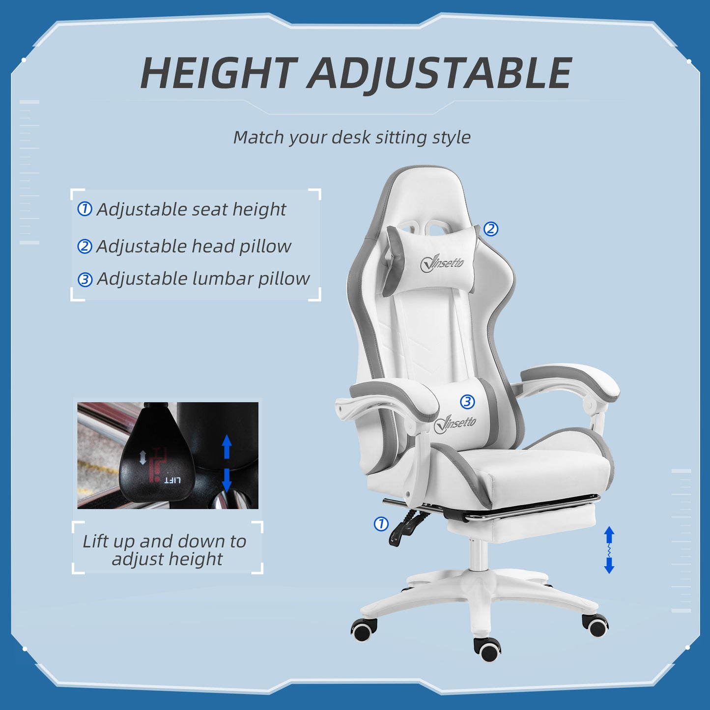 Computer Gaming Chair, PU Leather Desk Chair with Footrest, Swivel Task Chair with 135° Reclining Back and Lumbar Support