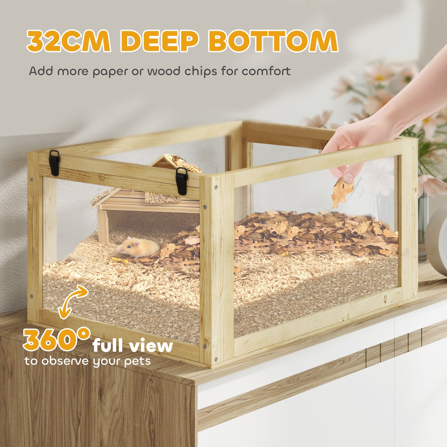 Wooden Hamster Cage with Detachable 32cm Deep Bottom, Hut, Seesaw, Exercise Wheel, Ramp, 60 x 40 x 75cm, Natural