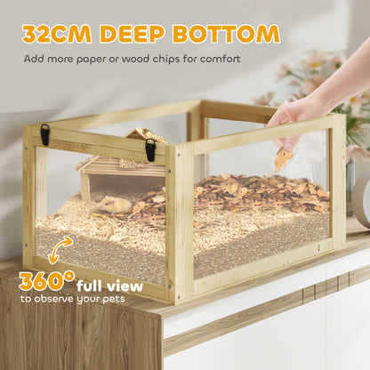 Wooden Hamster Cage with Detachable 32cm Deep Bottom, Hut, Seesaw, Exercise Wheel, Ramp, 60 x 40 x 75cm, Natural