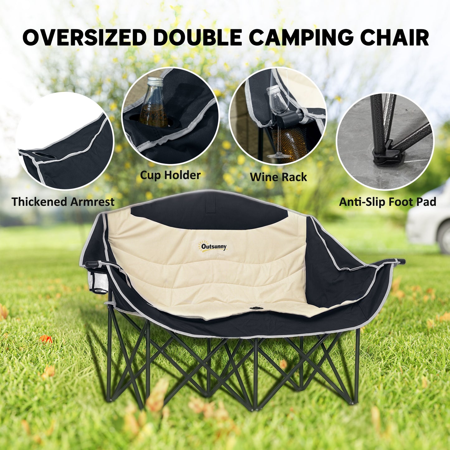 Double Camping Chair for Adults, Oversized Heavy Duty Padded Folding Chair with Armrests