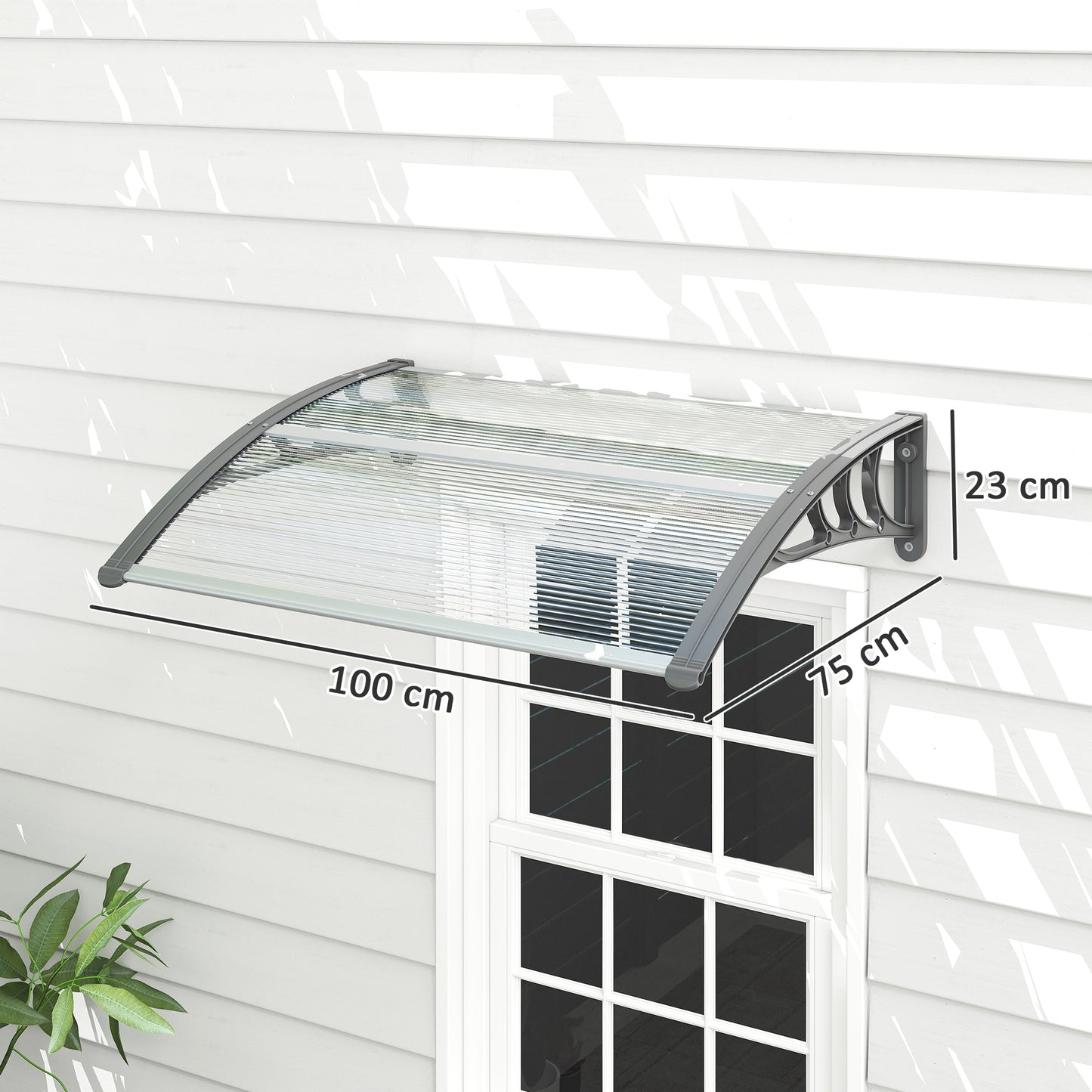 Front Door Canopy Outdoor Awning Aluminium Rigid Plastic Polycarbonate Rain Shelter UV Water Rain Resistant 100 x 75cm Clear