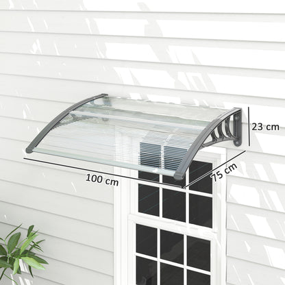 Front Door Canopy Outdoor Awning Aluminium Rigid Plastic Polycarbonate Rain Shelter UV Water Rain Resistant 100 x 75cm Clear