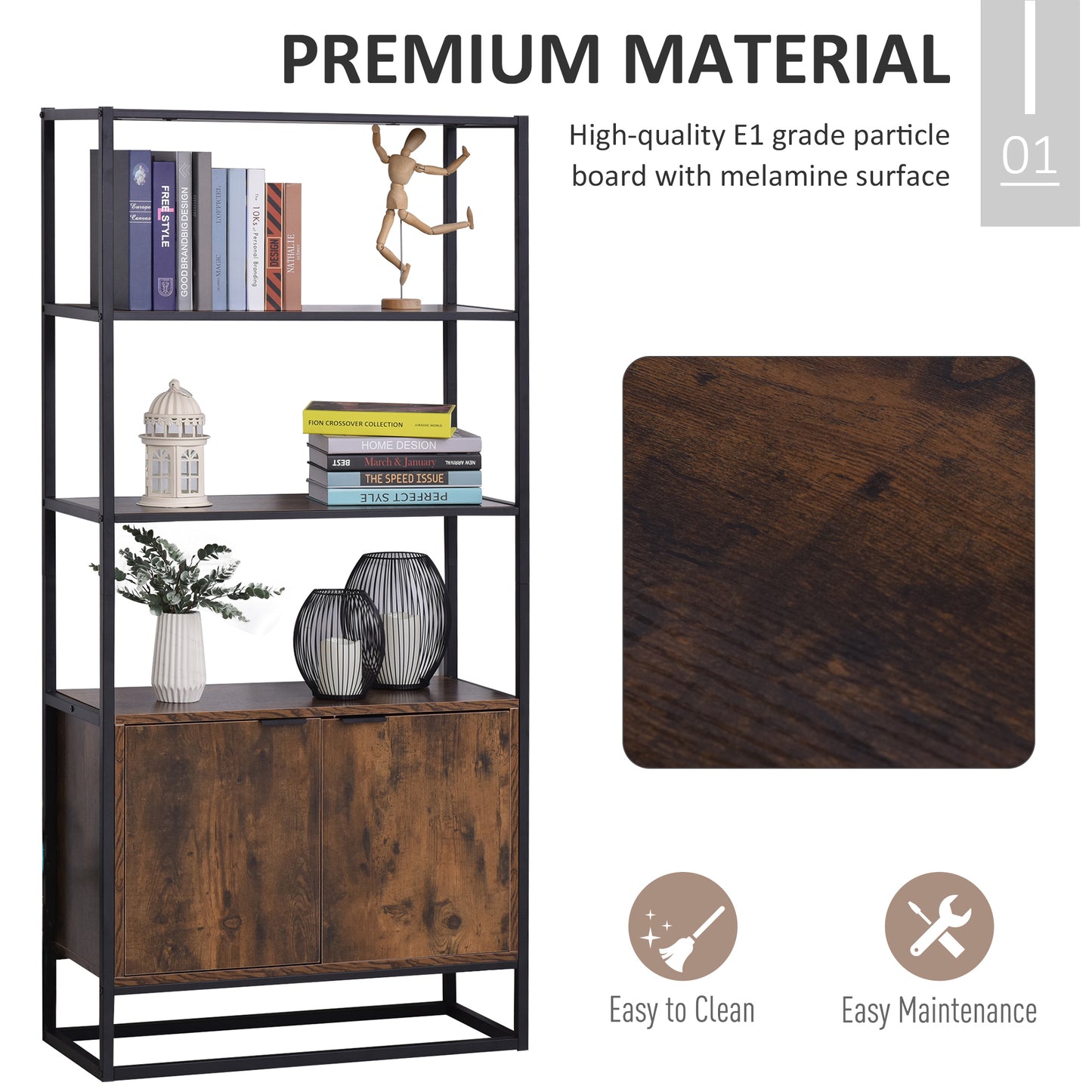 Industrial Bookshelf, Storage Shelf, Large Bookcase with 3 Open Shelves, Multifunctional Rack for Living Room, Office