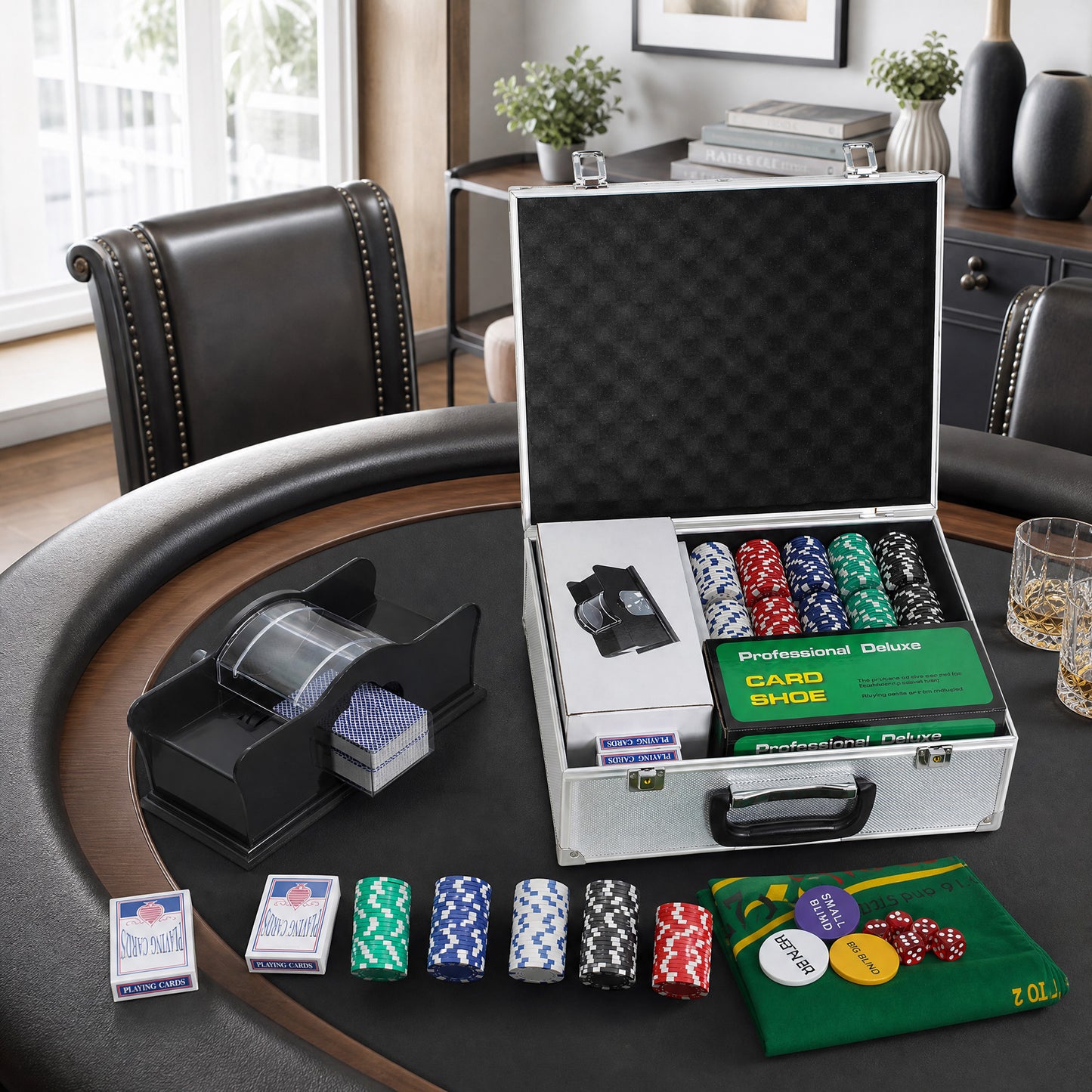 300-Piece Poker Chips Set with Card Shuffler, Card Shoe, Case, Casino Texas Holdem Poker Set with Mat, Silver Tone