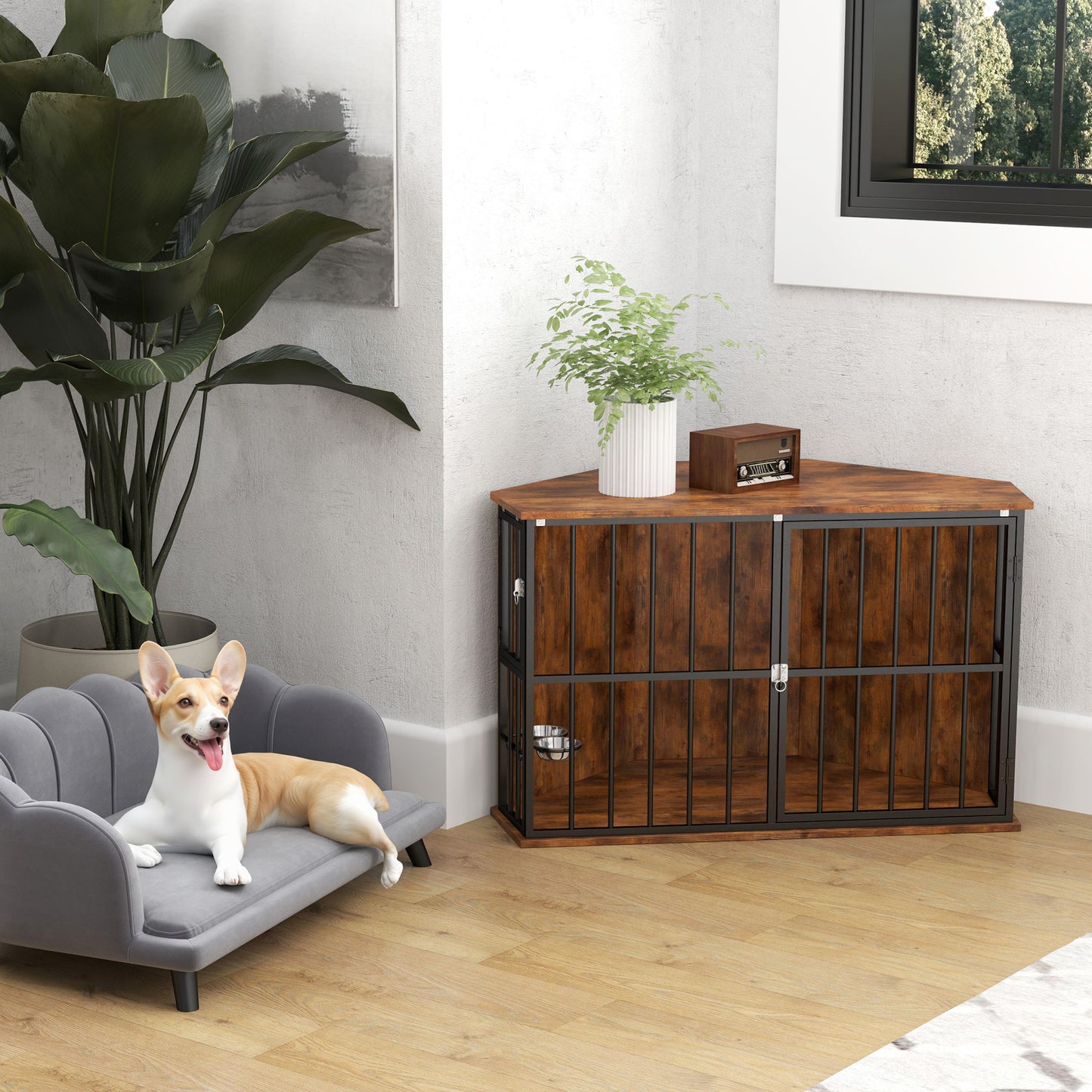Corner Dog Crate Furniture with Two Bowls, Lockable Doors, for Small, Medium Dogs, Rustic Brown