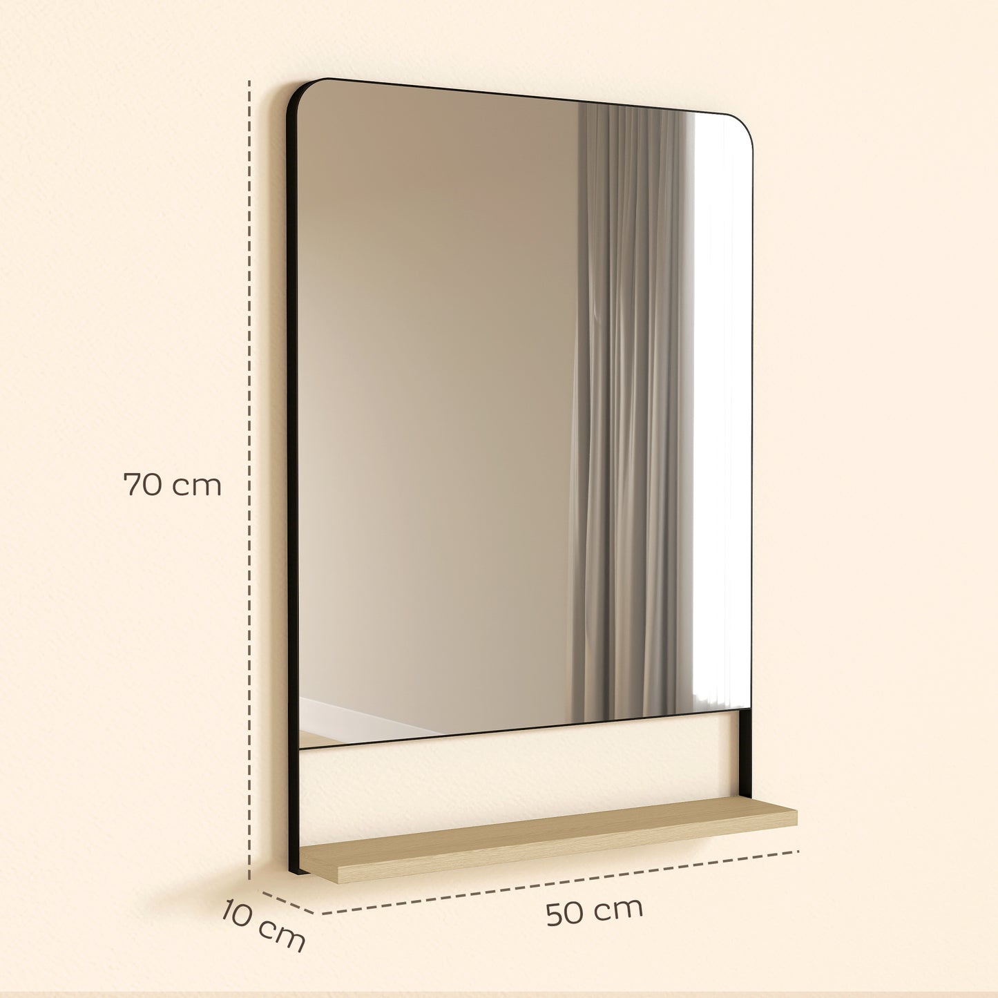 Wall Mirror with Wood Shelf - Black