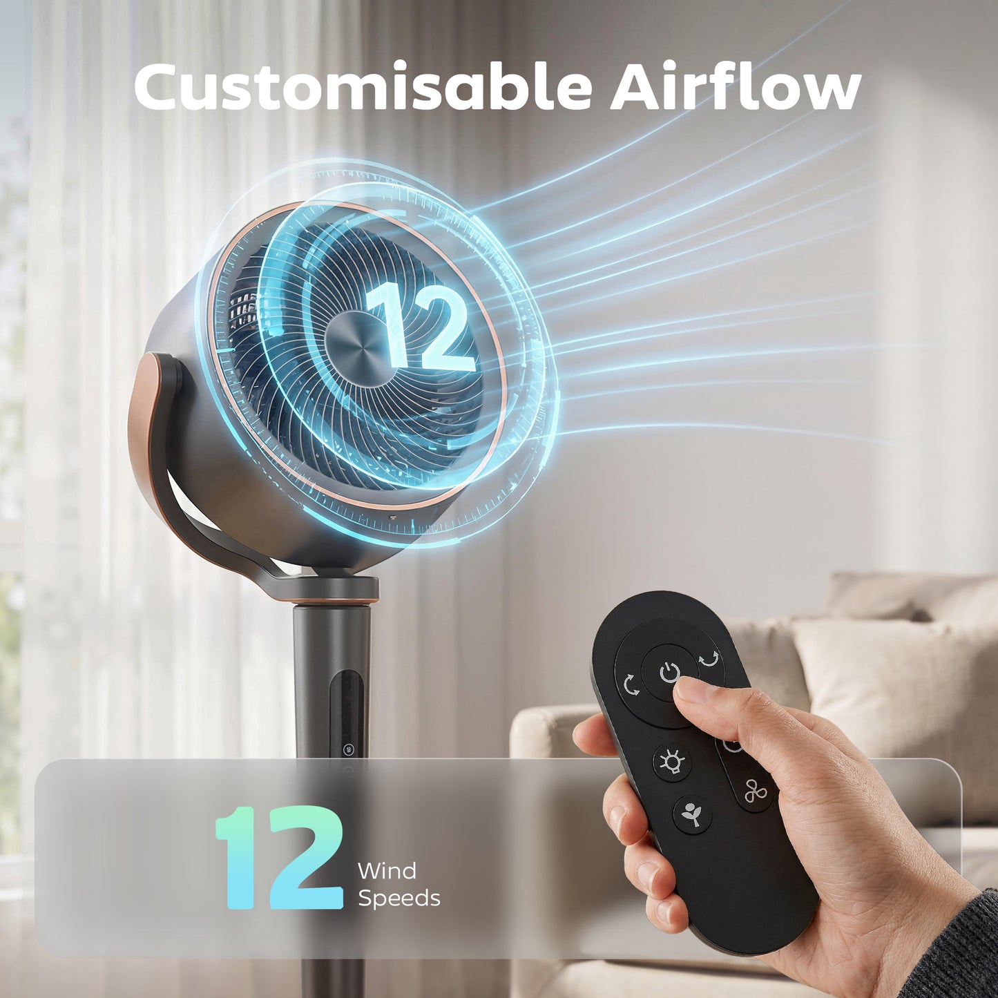 20dB Silent Standing Fan, 70°+90° Auto Oscillating Fan with 12 Speeds, LED Light, Air Circulator, Remote Control, 12H Timer