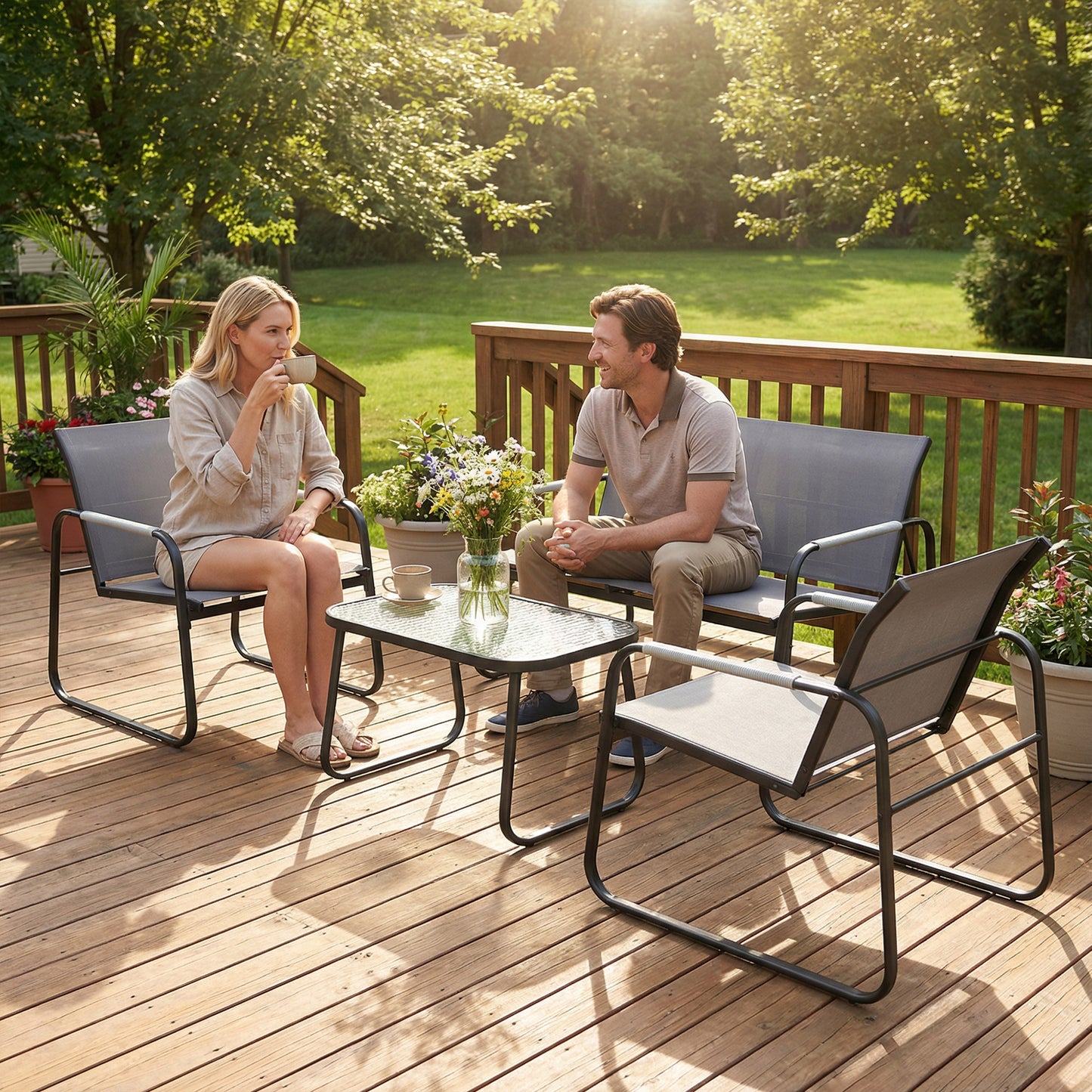 4 Piece Garden Furniture Set, Garden Sofa Set with Loveseat, 2 Armchairs, Tempered Glass Table for Balcony, Grey