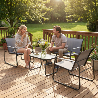 4 Piece Garden Furniture Set, Garden Sofa Set with Loveseat, 2 Armchairs, Tempered Glass Table for Balcony, Grey