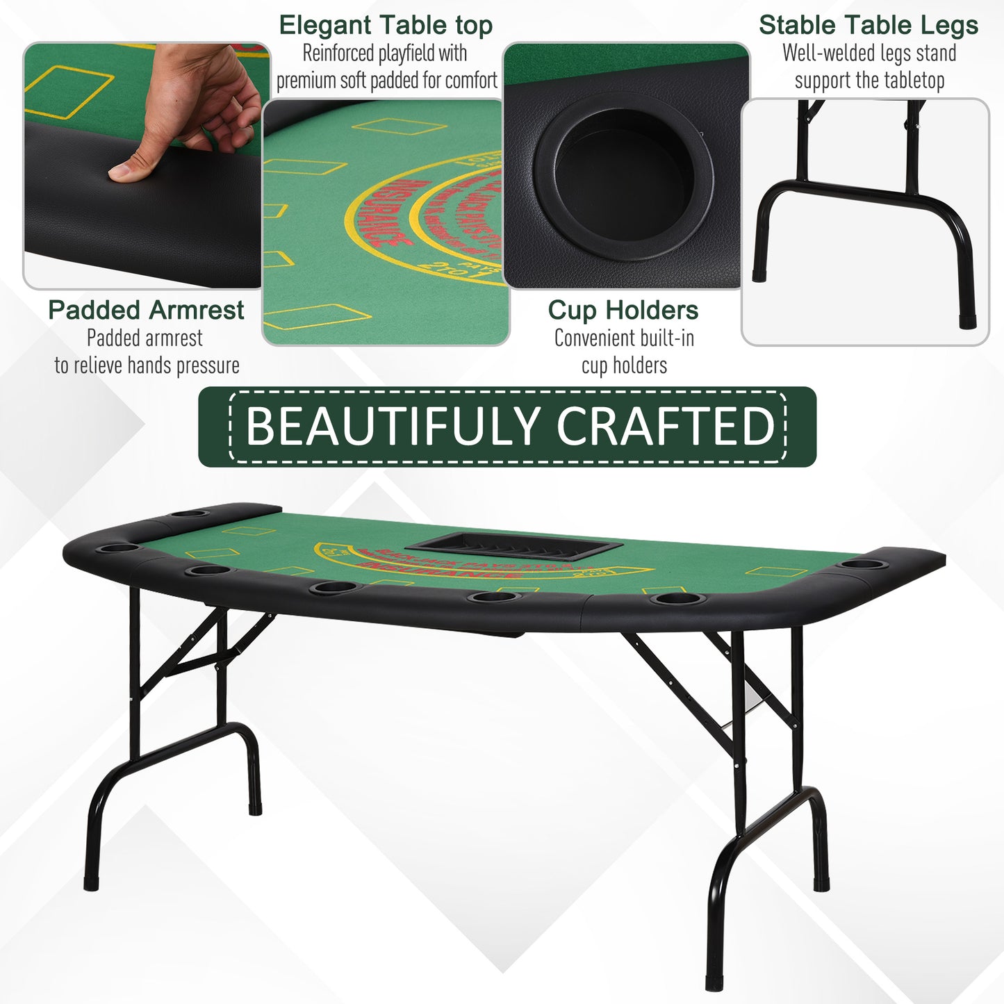 Poker Table, 7-Player Folding Blackjack Table with Chip Tray, Cup Holders, Padded Rails, 182 x 91 x 75 cm, Green
