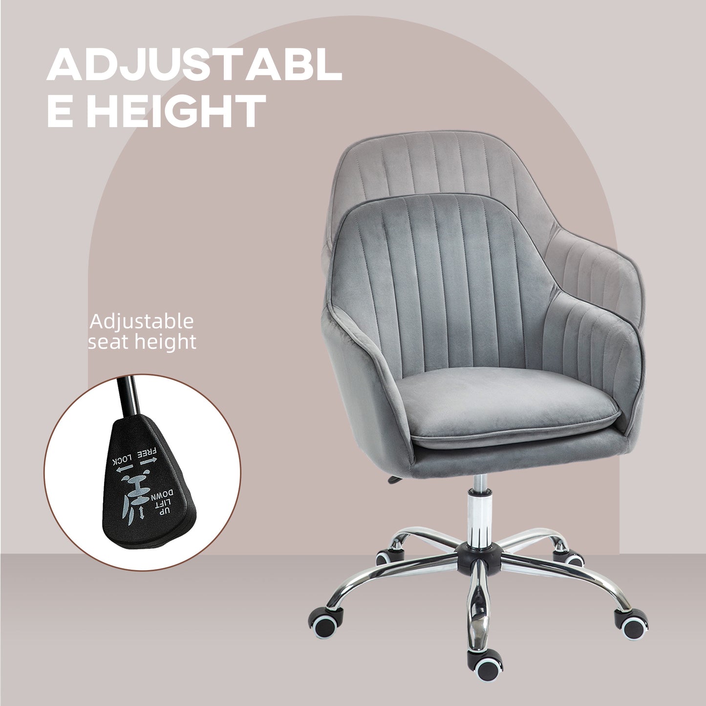Office Chair, Swivel Desk Chair, Velvet-Feel Fabric Vanity Chair with Adjustable Height and Rolling Wheels for Home Work Stud