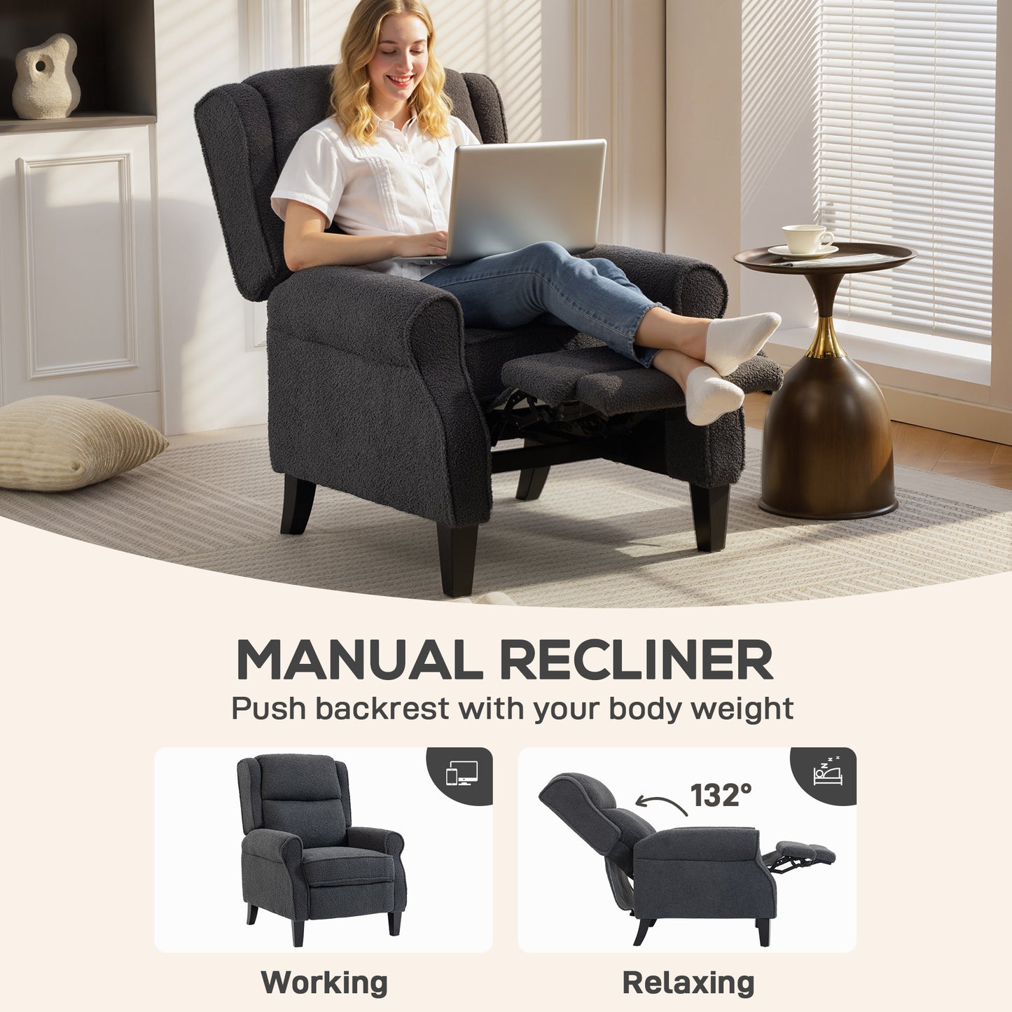 132° Recliner Armchair, with Extended Footrest - Dark Grey