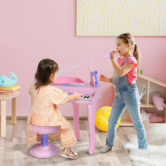 Mini Electronic Piano with Stool and Microphone Stand - Pink