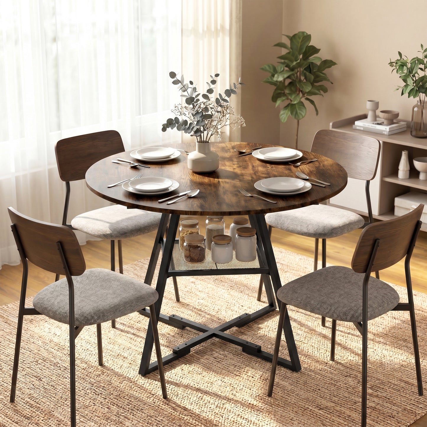 Dining Table for 4 People, 100 cm Round Industrial Kitchen Table with Storage Shelf, Rustic Brown