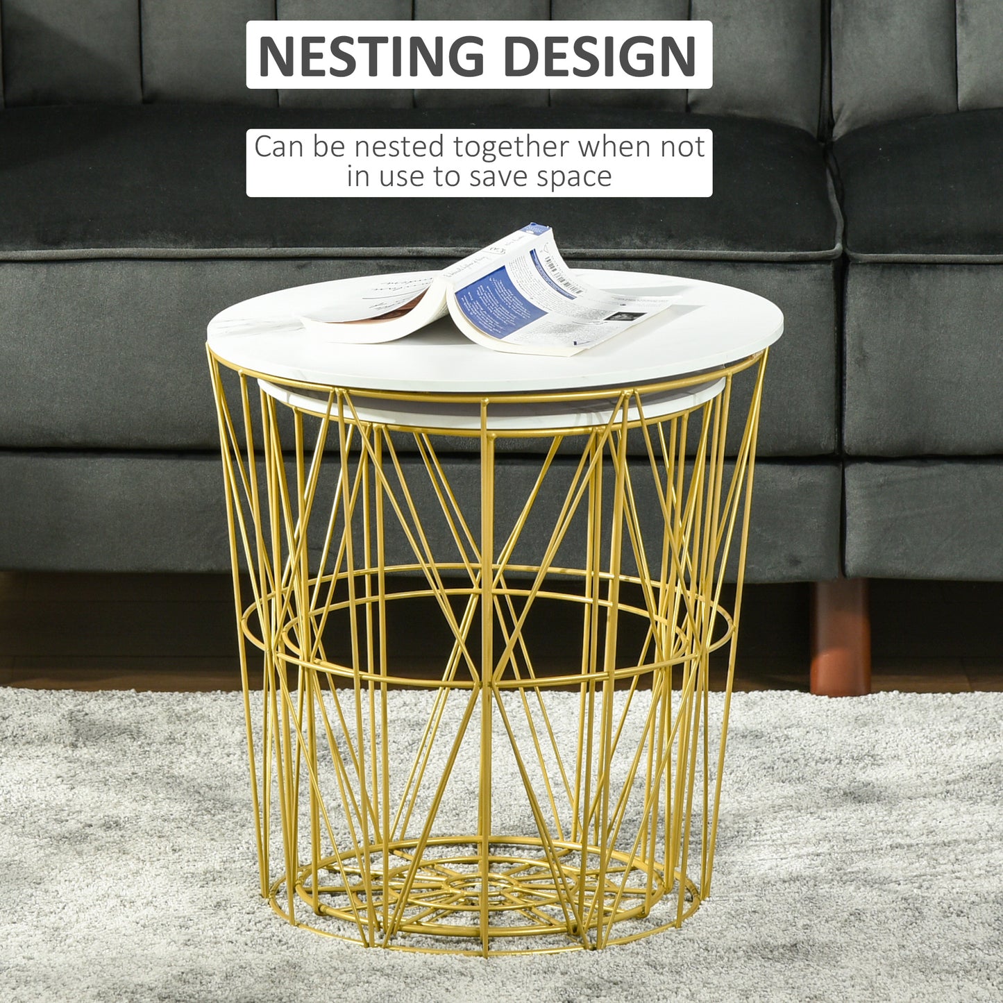 Set of 2 Nesting Side Tables with Storage, Round End Tables Coffee Tables with Steel Frame and Removable Round Top