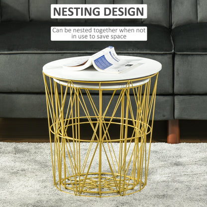 Set of 2 Nesting Side Tables with Storage, Round End Tables Coffee Tables with Steel Frame and Removable Round Top