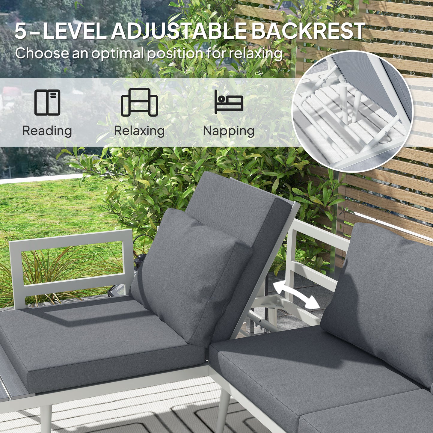 3 Piece Garden Furniture Set with 5-Level Adjustable Lounger, L Shaped Garden Corner Sofa with Cushions, Mesh Seat