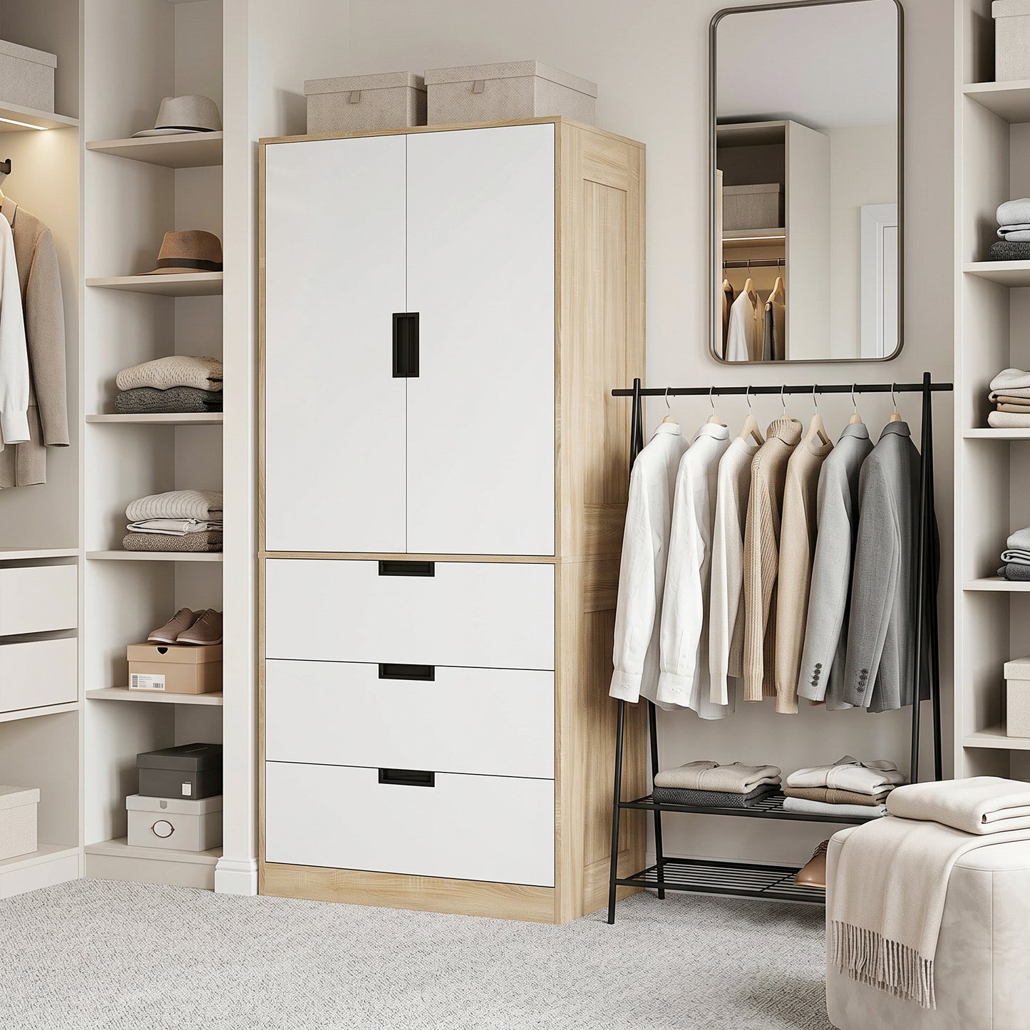 Modern Clothes Storage Cupboard Unit, 3 Drawer 2 Door Wardrobe with Hanging Rod, Oak